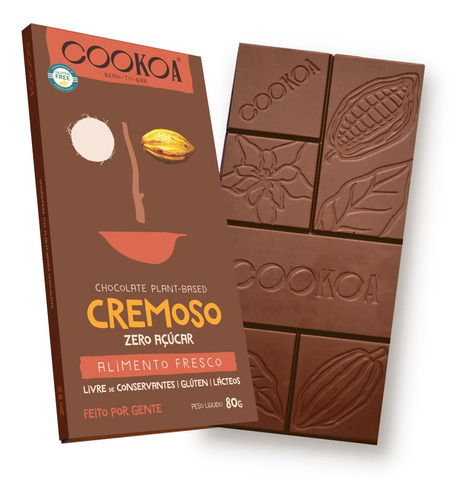 Kit 3x: Chocolate Cremoso Zero Açúcar Vegano Cookoa 80g