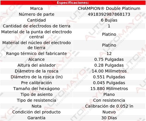 Kit 6 Bujías Doble Platino Champion Magnum 6 Cil 3.5l 05-07