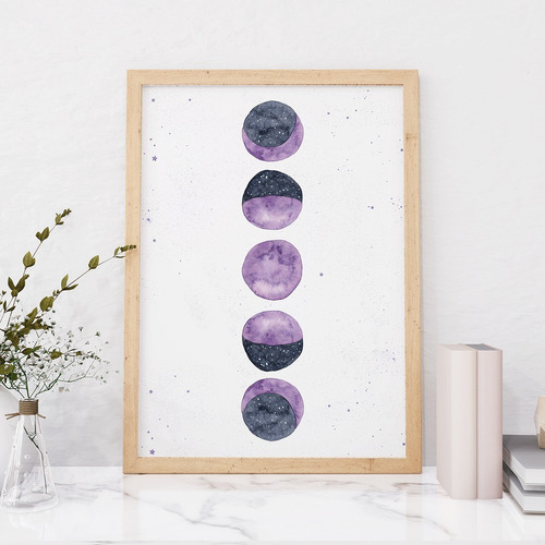 Imagen 1 de 2 de Cuadro Box Lamina Luna Fases Lunares 5 Lunas Violeta Nórdico