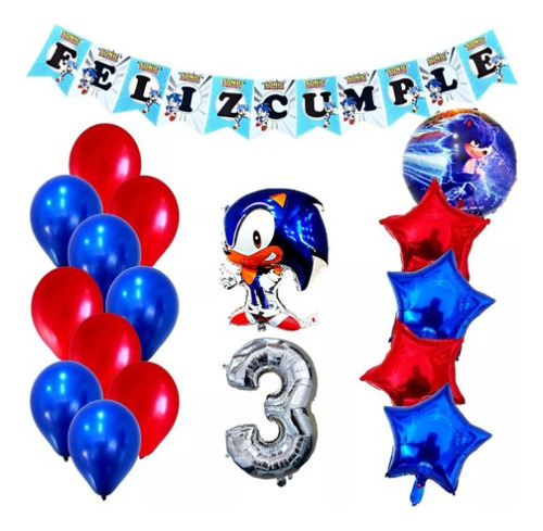 Combo Kit Deco Globos Sonic+feliz Cumple+numero 40cm