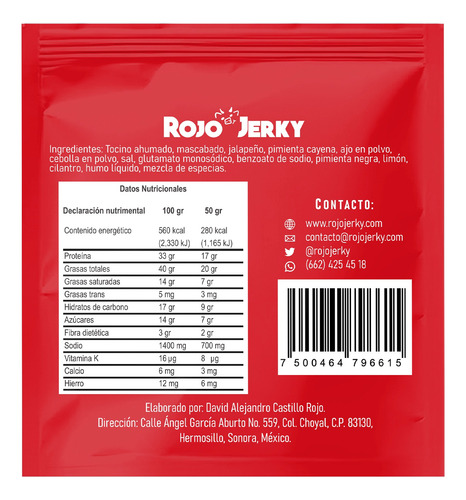 Carne Seca De Tocino, Rojo Jerky, Sabor Jalapeño 50g