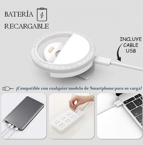 Aro De Luz Led Para Celular Recargable Usb Selfies