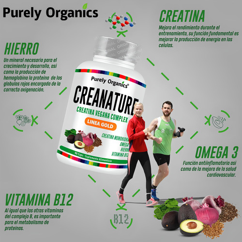 Creatina vegana Creanature Purely Organics 90 cápsulas, sabor sem sabor