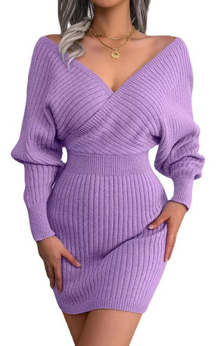 Vestido De Mujer Punto De Invierno De Lana Con Cuello En V