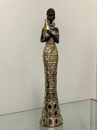 Escultura Mujer Africana Esbelta 33cm Elemento Etnico Deco Dorado