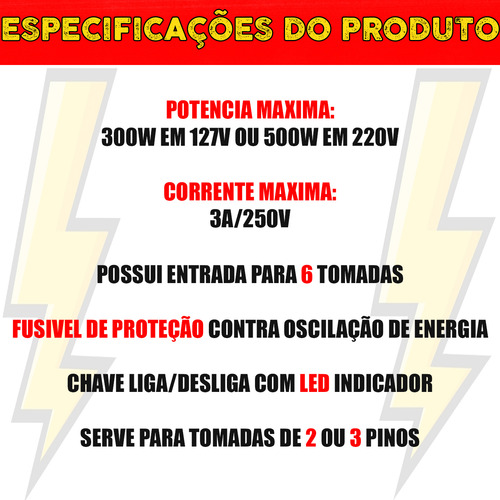 Régua Filtro De Linha Extensão 6 Tomadas Bivolt Com Fusível