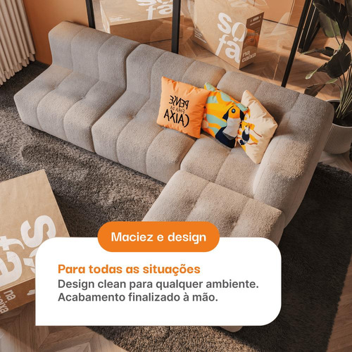 Sofá 2 Lugares Modular Na Caixa Em Boucle Com 1 Chaise Cinza
