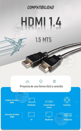 Imagen 2 de 2 de Cable Hdmi 1.5mtr Para Tv Smart Monitor Ps4 Xbox Proyector