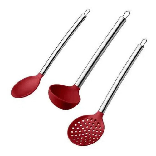 Kit Silicone Vermelho Concha Escumadeira Colher De Arroz