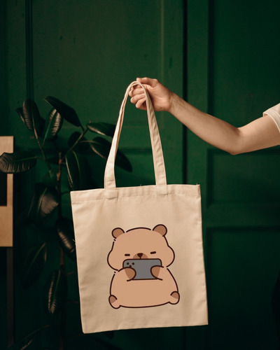 Tote Bag Tela - Estampado De Capibara Con Celular - 40x35cm Beige Capibara Con Celu