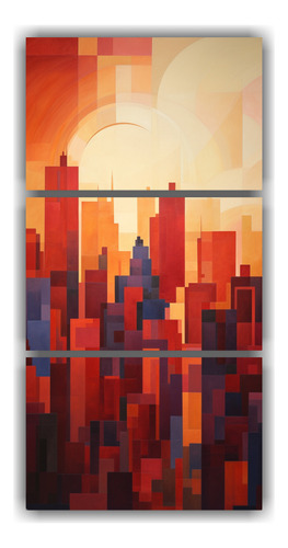 75x150cm Conjunto 3 Cuadros Abstractos Ciudad Skyline Amaril