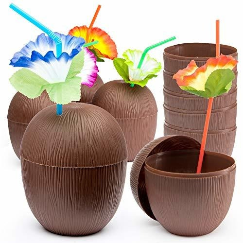 Juego 18 Vasos Coco Con Pajitas Y Tapas Para Fiestas Luau