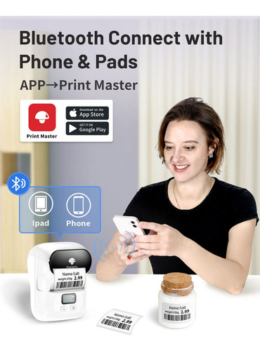 Impressora térmica Bluetooth portátil Phomemo M110, cor branca