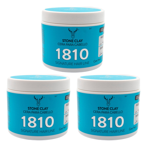 Kit X 3 Stone Clay Pomade 1810 Cera Para Cabello Alta Fijacion en cera 1810 Stone Clay. Muy Alta Fijacion Brillo Matte, es decir sin brillo. Contiene Vitamina. Libre de Parabenos Libre de Sulfatos