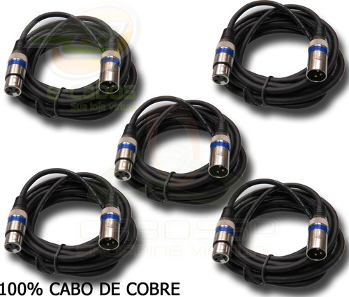 Kit 5 Cabos Microfone/dmx - Xlr/canon Balanceado 10 Metros