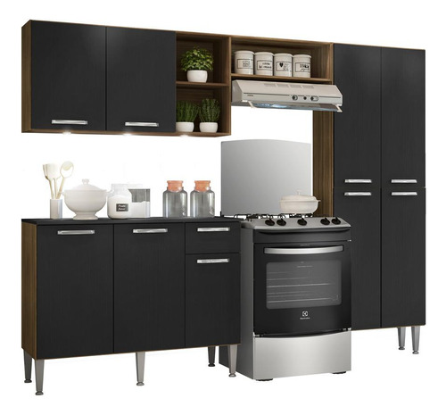 Cozinha Compacta C/ 3 Leds 3 Pçs Pequim Multimóveis V3413 Cor Nogueira/Preto