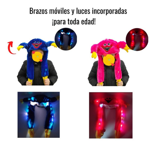Imagen 5 de 9 de Poppy Playtime Gorro Peluche Huggy Kissy Brazos Móvil Luces