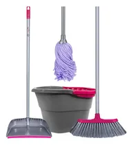 Comprar Kit Completo de Limpieza : Mop de Microfibra, Escoba, Recogedor con Peineta de Quita Pelusa y Cubeta con Exprimidor - Reynera