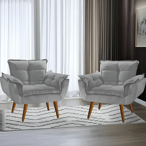 Kit 02 Poltronas Decorativas Opala Suede Porto Decor Cor Cinza