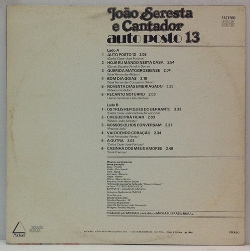 Lp João Seresta E Cantador - Auto Posto 13 - 1982 - Brasil R (Usado)