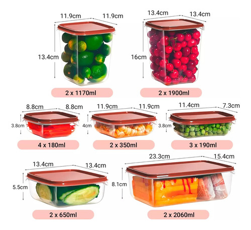 Set 17 Tuppers Contenedores De Alimentos Multitamaño Colores Naranja