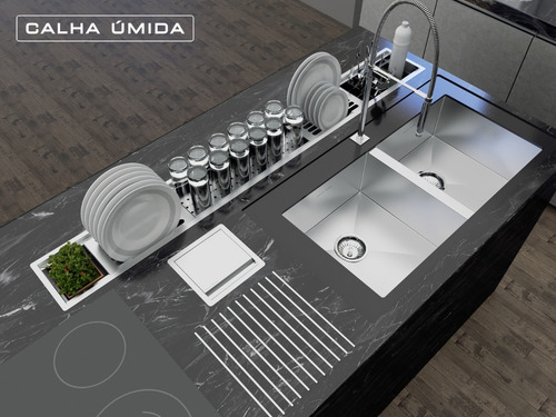 Calha Úmida Canal Equipado Escorredor Louça Inox Embutido