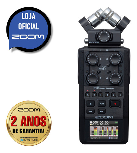Gravador Digital Zoom H6 Black Finish 6-track Portátil Zoom. Cor Preto