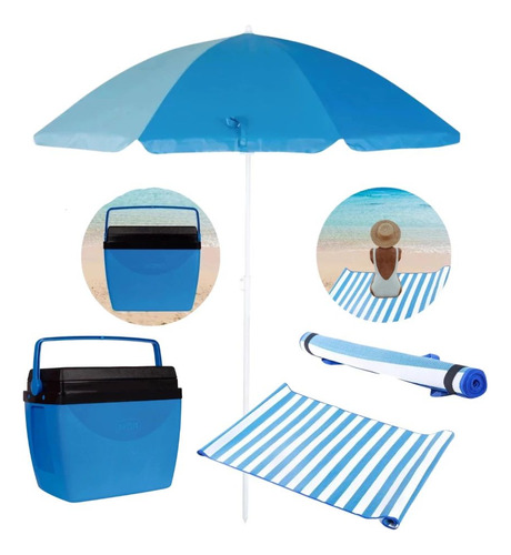Kit Praia Cooler 26 L + Guarda Sol 1,50 M + Esteira Azul