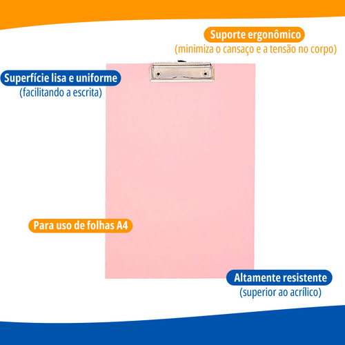 Prancheta A4 Com Prendedor Metal Resistente Eficiente Rosa
