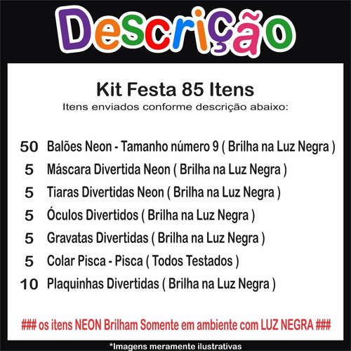 Imagem 2 de 2 de Kit Festa Neon Adereço Brilha Luz Negra 85 Itens Com Balão