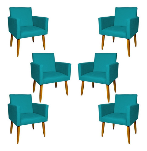 Kit 6 Poltronas Decorativas Para Sala Cadeira Pé Castanho Cor Azul-turquesa Desenho do tecido Suede
