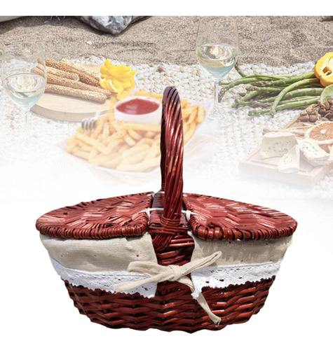 Cesta De Picnic De Mimbre, Cesta De 35x25x16cm Tela Marrón