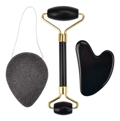 Rolo Massagem Facial Obsidiana Negra +guasha +esponja Konjac