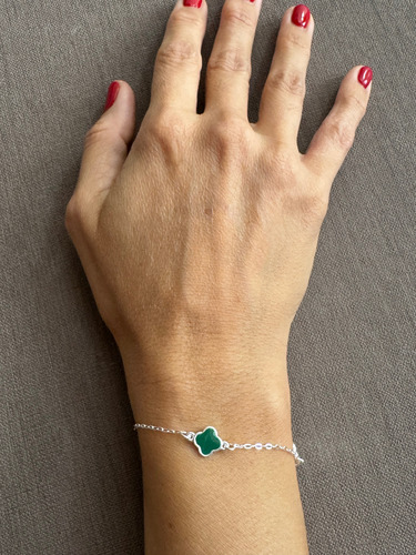 Pulsera Modelo Van Cleef De Plata 925 Adaptable Verde 1 Cm 20 Cm