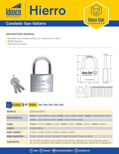 Imagen 2 de 2 de Candado De Hierro 45mm Ref.7ch45 Ideace