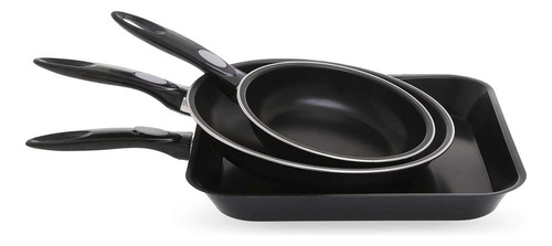 Set 3 Sartenes Antiadherente C/ Comal Acero Al Carbón Alpine Color Negro