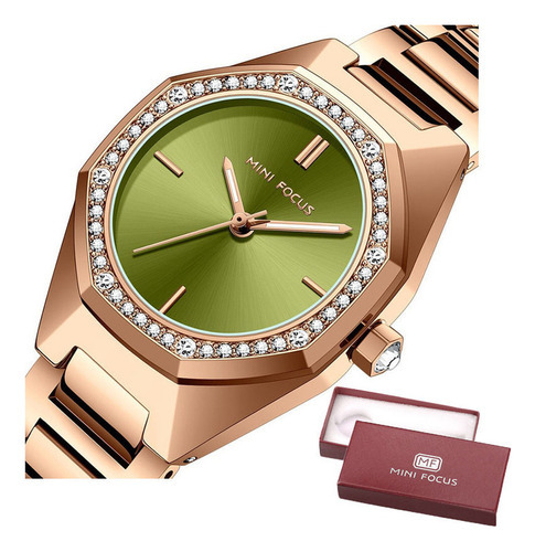 Mini Focus Elegante Reloj De Cuarzo Impermeable Con Diamante Color Del Fondo Rosé/verde