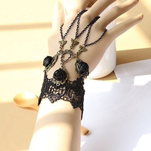 La Tartelette Negro Pulsera De Esclavo De Encaje Retro Con A