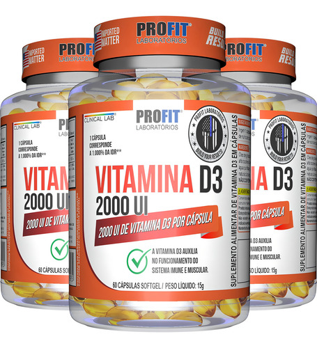 3x Vitamina D (2000ui) - Vit D3 - 60 Cápsulas (180c)- Profit Sabor Sem Sabor