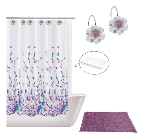 Combo Cortina De Baño Moderna Diseño Tela Estampada