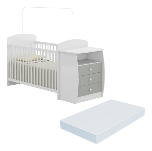 Berço Cômoda com Colchão Incluso Colinho de Mãe Multimóveis FG2951 Branco/Cinza