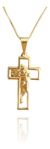 Colar Com Pingente De Cruz E Face De Jesus Folheado Ouro 18k