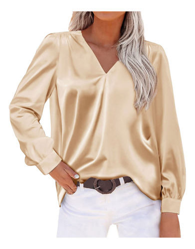 Blusa De Satén Plisada Con Cuello En V, Holgada, Larga, L, P