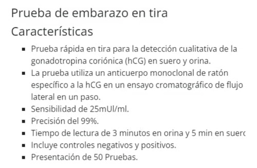 Prueba De Embarazo (hcg) En Tira - Caja C/50 Piezas
