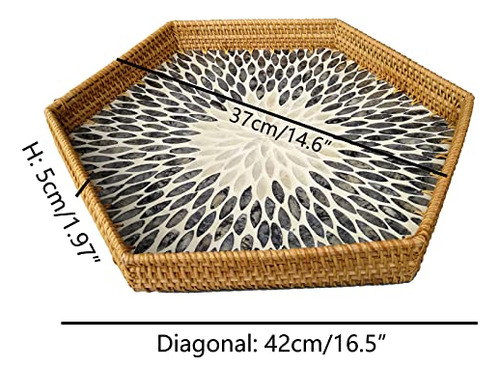 Bandeja Hexagonal Extra Grande De Ratán Y Mimbre
