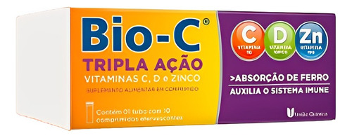 Bio C Tripla Ação Vitaminas C D Zinco Caixa 10 Comprimidos Sabor Laranja