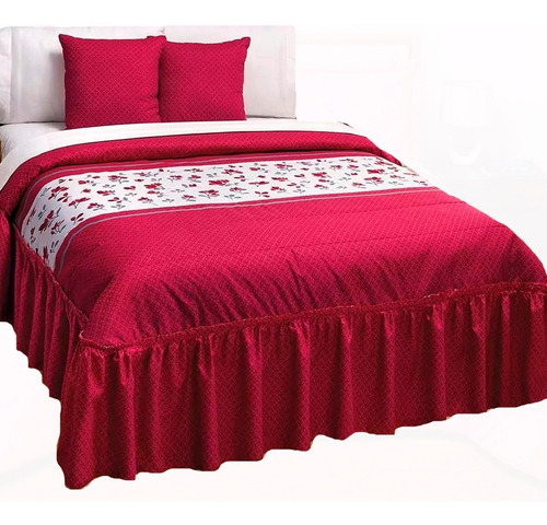 Imagen 1 de 2 de Colcha King Size + 2 Cojines Decorativos Lori Rojo Floral
