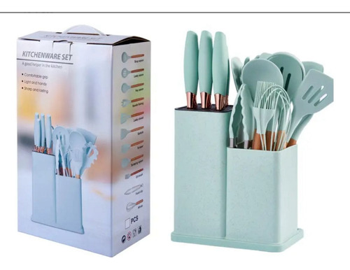 Set De Utensilios De Cocina Silicona Cuchillos Y Tabla 19pcs