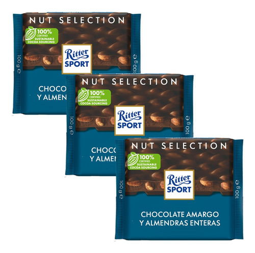 Chocolate Amargo Con Almendras Ritter Sport 3pz De 100g C/u