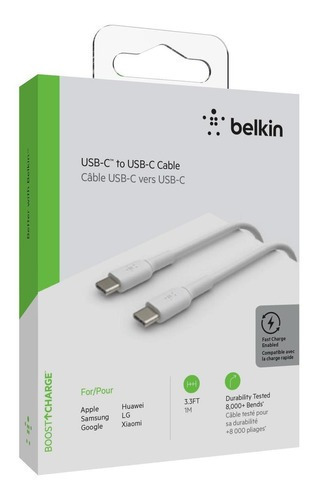 Cable Belkin Usb-c A Usb-c Carga Rápida 1m Color Blanco